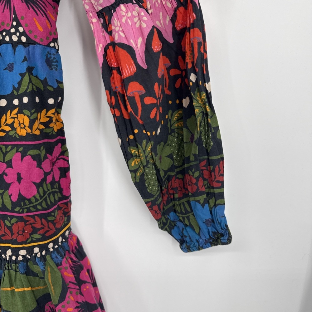 Farm Rio Anthropologie Floral Mini Dress Cotton Boho Puff Sleeve Womens XS - Picture 3 of 7